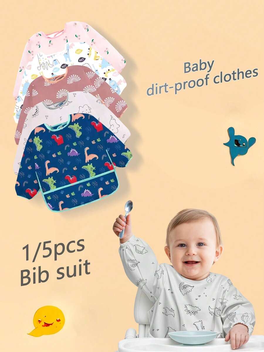 1/5pcs Children Long Sleeve Feeding Bibs, Baby Feeding Aprons To Prevent Soiled Clothes - Multicolor - View 1