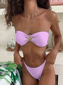 Women's Sexy European Style Starfish Decor Bandeau Bikini Set - Purple - View 2