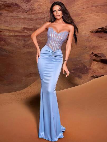 Women Lace Panel Colored Satin Sleeveless Strapless Hidden Side Zipper Dress