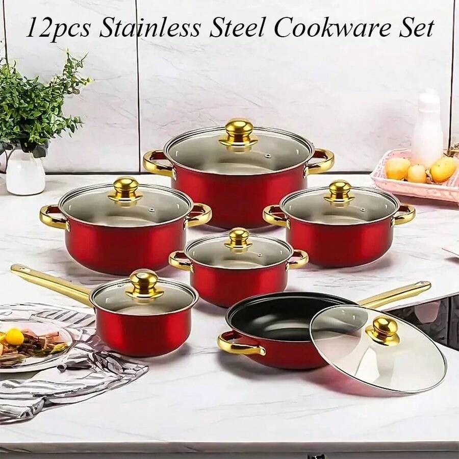 12 Piece Cookware Set Nonstick Pots And Pans Home Kitchen Cooking Non Stick, Classic Design, Glass Cover, Stainless Steel Handle, Includes 16/18/20/22/24/24cm Pots, Red, Dinner For Thanksgiving, Halloween, Christmas, Family Gifts - 紅色 - 查看 1