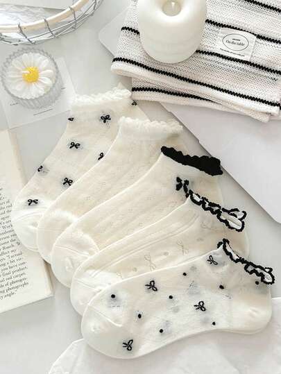 4 Pairs Women's Bow Knot Comfortable Mesh Socks Casual Crew Short Socks, White Socks, Suitable For Daily Use, For Spring&Summer, Shipped Randomly
