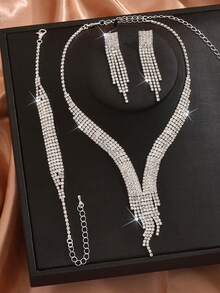 4 Pieces Fashion Temperament Shiny Rhinestone Tassel Earrings Necklace Bracelet Exquisite Elegant Women Dinner Party Jewelry Set - Bộ trang sức - Xem 4