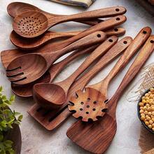 Elegante juego de vajilla de madera - Herramientas de cocina con estilo para cocinar y servir, perfecto como regalo para el Día de la Madre, Acción de Gracias, Halloween, Pascua, Navidad, artículos esenciales de cocina para días festivos | Cucharas de madera de moda | Utensilios de cocina resistentes, regalos de Halloween - Marrón - Ver 6
