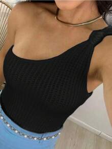Women's Cropped Blouse Modal Tricot One Shoulder Mule Manca Hole Side Knot Summer Premium - 黑色 - 查看 2