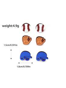 Set de 3 piezas Pendientes casuales con diseño de gorra de béisbol, casco y guante para mujeres y niñas como accesorio de joyería