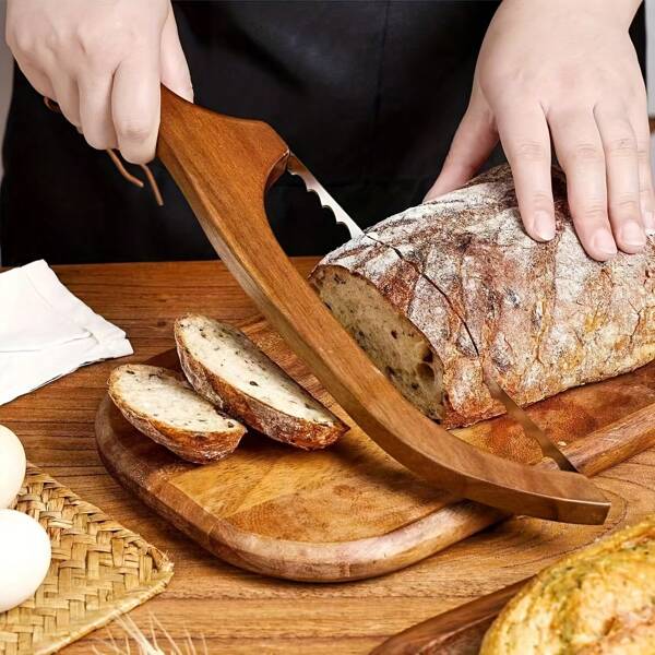 2 piezas de Lama de pan de madera premium con mango ergonómico - Cuchilla ajustable para un rebanado uniforme, herramienta de cocina rústica para panes artesanales y pasteles, diseño de madera natural
