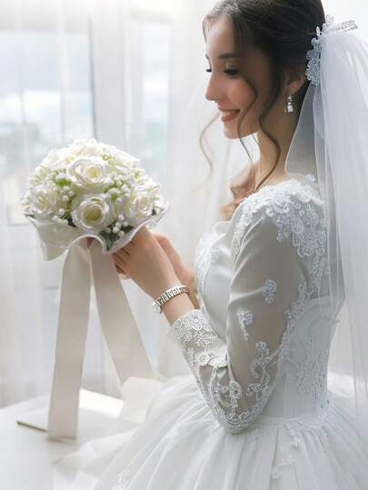 1件新娘/伴娘捧花，包含人造玫瑰、满天星、珍珠和网纱，浪漫婚礼花艺布置，情人节礼物配饰