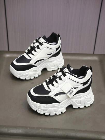 Women's Platform Sneakers - Women Black&White Leather Elevator Shoes, Chunky Sneakers With Thick Soles, Casual Thick Bottom Trainers For Women