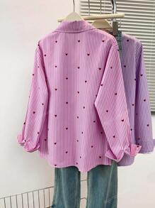 Women's Heart Print Polo Collar Striped Shirt - Casual Button-Up Long Sleeve Vacation Top For Spring Summer Fall Everyday Outfits