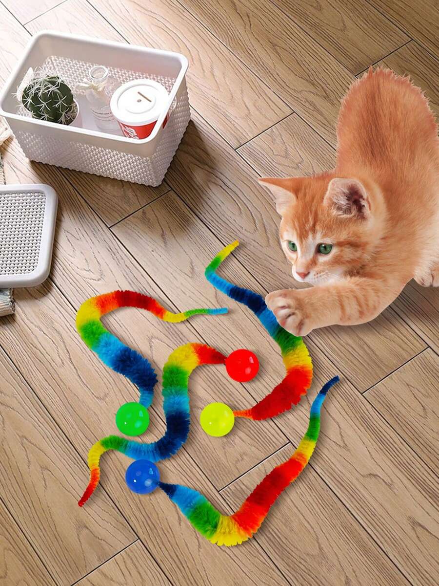 10 件彩色毛绒玩具毛毛虫形猫逗猫玩具配有弹力球室内宠物互动玩具猫咪礼物 - 彩色 - 查看 1