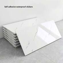 10/50pcs White Marble Pattern Smooth Ceramic Tile Stickers, Waterproof Self-Adhesive Wall Covering, Wall Renovation Decor Wallpaper