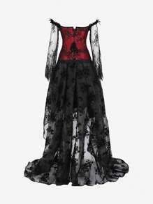 Women's Steampunk Corset Skirt Renaissance Corset Dress Lace Sleeves Corset Tops With High Low Skirt - 酒紅色 - 查看 3