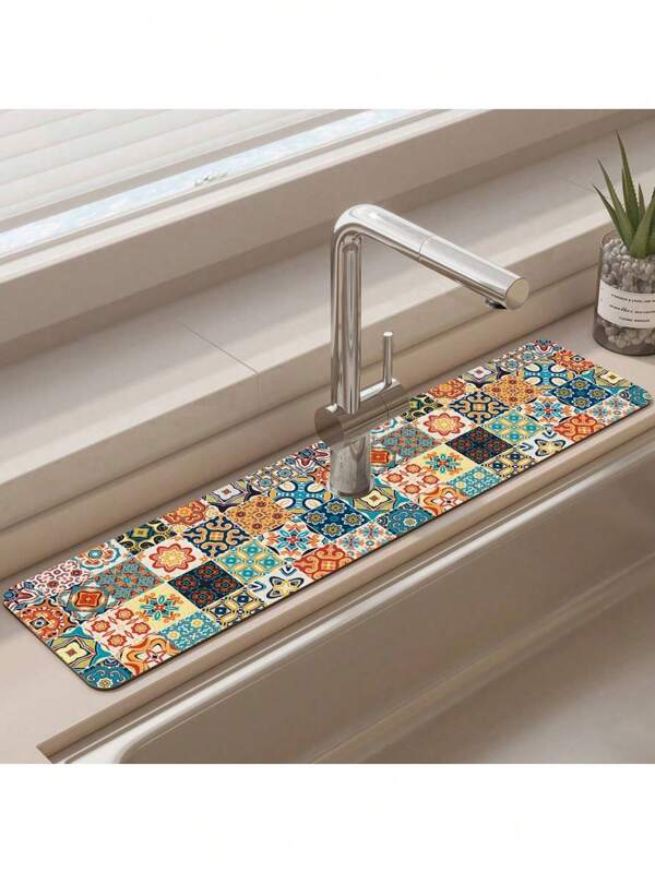 1PC Bohemian Diatomaceous Mud Anti Slip Faucet Drain Pad, Retro Pattern Pattern, Versatile For Multiple Faucets, Suitable For Bathrooms And Kitchens,Non-Slip Kitchen Mats For Sink Side, Natural And Hygienic Kitchen Essential For Home And Kitchen Room Decor, Part Of Your Cozy Fall& Winter Styles And Christmas Decorations