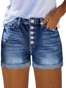 Women's Denim Shorts With Summer Casual Rolled Edges And Cat Whisker Details At The Ankle, Perfect For A Lightweight Combination - Blue - View 4