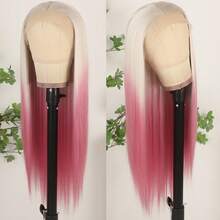 Gorgeous Ombre Blue Synthetic Lace Front Wigs 26 Inch Pre Plucked Long Straight Hair Wigs Glueless Blue White Ombre Colored Wigs Soft Christmas Wigs Heat Resistant Ombre Blue Lace Front Wigs For Fashion Women Perfect For Daily Wear & Parties - 漸層粉紅色 - 查看 4