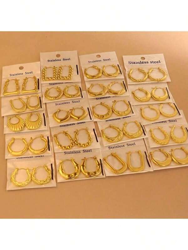 24 Random Styles Of Golden Stainless Steel U-Shaped, Heart-Shaped, And Round Oil Pressure Earrings.
