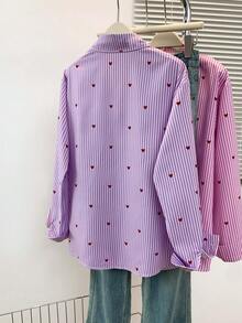 Camicia a maniche lunghe con colletto polo, stampa a cuori e righe, casual, abbottonata, adatta per primavera, estate e autunno, per uso quotidiano - Strisce viola - Visualizzare 3
