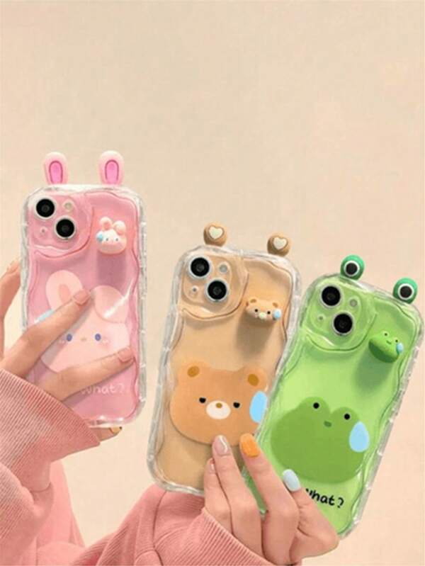 Korean Cute 3D Eyes Transparent Wavy Phone Case For IPhone 16 15 14 13 12 12 11 Pro Max Plus Lovely Animal Girl Soft Shockproof Bumper Cover