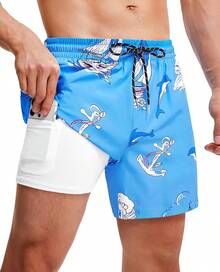 Mens Swim Trunks With Compression Lined Short Bathing Suits For Men 5 Inch Inseam Liner Men's Swimming Trunk - Blue Dolphins - View 1