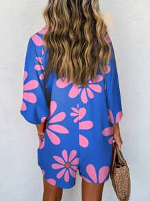 Acelitt Mono holgado de camisa con estampado de flores azul de verano, cuello camisa y botones frontales