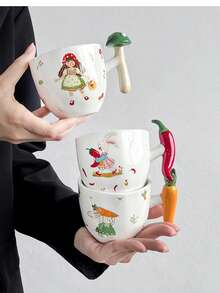 Tazas con asas de verduras creativas, tazas de cerámica con diseño de apretón de manos de dibujos animados lindos, elegantes tazas de leche/café para uso en el hogar y de vuelta a la escuela - opción múltiple - Ver 10