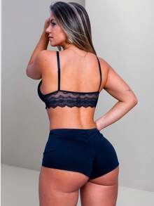 Kit Short Doll Lara Liso Suede sem Bojo com Regulagem nas Alças Pijama   Simples    Luxuoso  Romântico    Sem Mangas - Preto - Visão 2