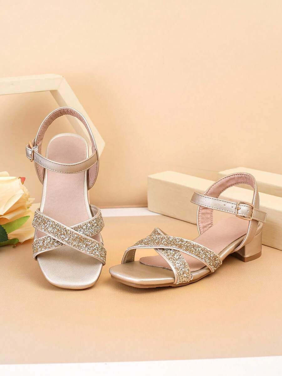 1 Pair Fashionable Bright Pink Girls High Heel Shoes With Floral Decoration, Suitable For Party, Dance, Student Performance, And Daily Wear, All Seasons - Gold - View 1