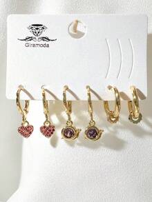 Kit Of 3 Earrings Studded With Zirconia Stone, Small Hoop, Heart Pendant, 18k Gold Plated And 925 Silver - 48 - 查看 1