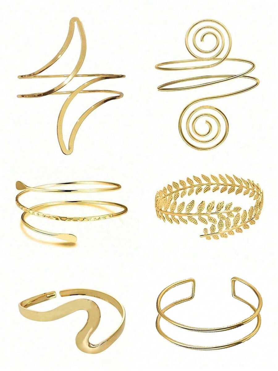 Set de 6 pulseras minimalistas de metal geométrico, diseño exagerado de hoja, adecuado para playa, vacaciones, estilo callejero