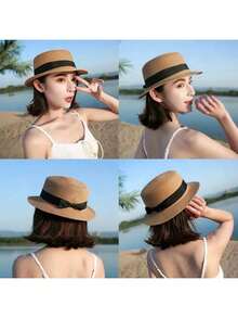 This Fashionable Women's Straw Hat Is Available In Four Colors And Is Perfect For Outdoor Travel. It Features A Korean Style And Is Suitable For Daily Wear, Sun Protection, And Beach Vacations. It Comes With A Retro Flat Top And Is An Excellent Gift For Summer.