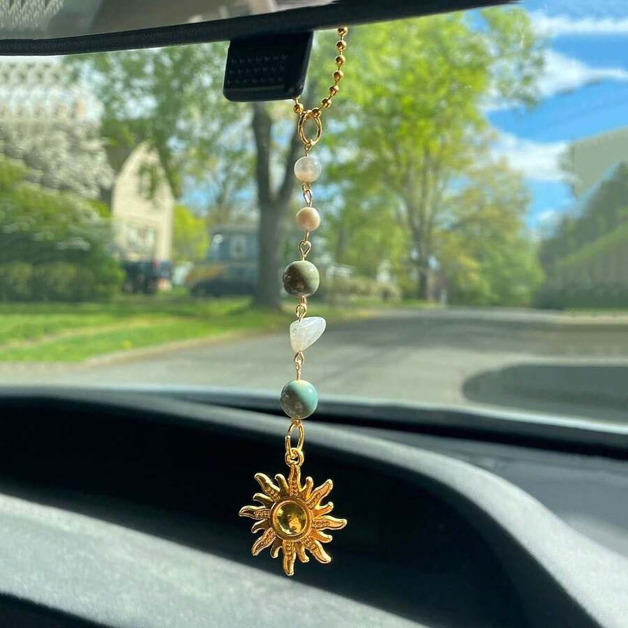 Sun Hanging Car Charm,Green And Gold Rear View Mirror Accessories Cute Boho Dangling Sun Car Decor Handmade Healing Crystals Stones Ornament Gifts For Women Men (Green) - Màu xanh lá - Xem 1