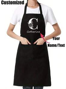 1 pieza Delantal de cocina personalizado con letra de monograma A-Z en negro, delantal moderno de poliéster resistente al aceite, delantal de cocina negro, delantal de poliéster para jardín, cocina y tareas del hogar perfecto para el hogar, restaurante y cocina - Multicolor - Ver 6
