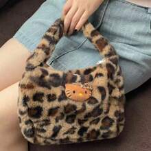 Sanrio 1 Pc Hello Kitty Is A Highly Attractive Japanese And Korean Hottie Must-Have Leopard Print Black Leather KT Shoulder Hand-Held Plush Bag With Large Capacity Ins Style