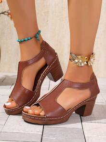 Zapatos de mujer de unicolor con estilo bohemio y retro, sandalias de tacón alto azules para damas, sandalias de tacón grueso - Marrón - Ver 4