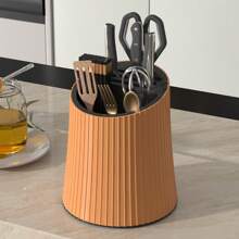1pc Multifunctional 360° Rotating Kitchen Utensil Holder, Large Capacity, Simple Design (Excluding Knives, Spoons And Chopsticks), Multiple Colors Available, Cylindrical Shape With Vertical Lines, Can Store Knives, Spoons And Chopsticks, Plastic Material, Suitable For Everyday Kitchen Use