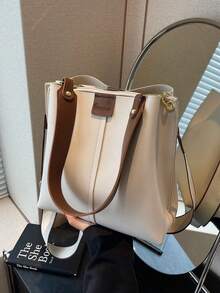 女士大容量托特包，时尚新款纯色高端休闲通勤斜挎单肩包 - 白色 - 查看 1