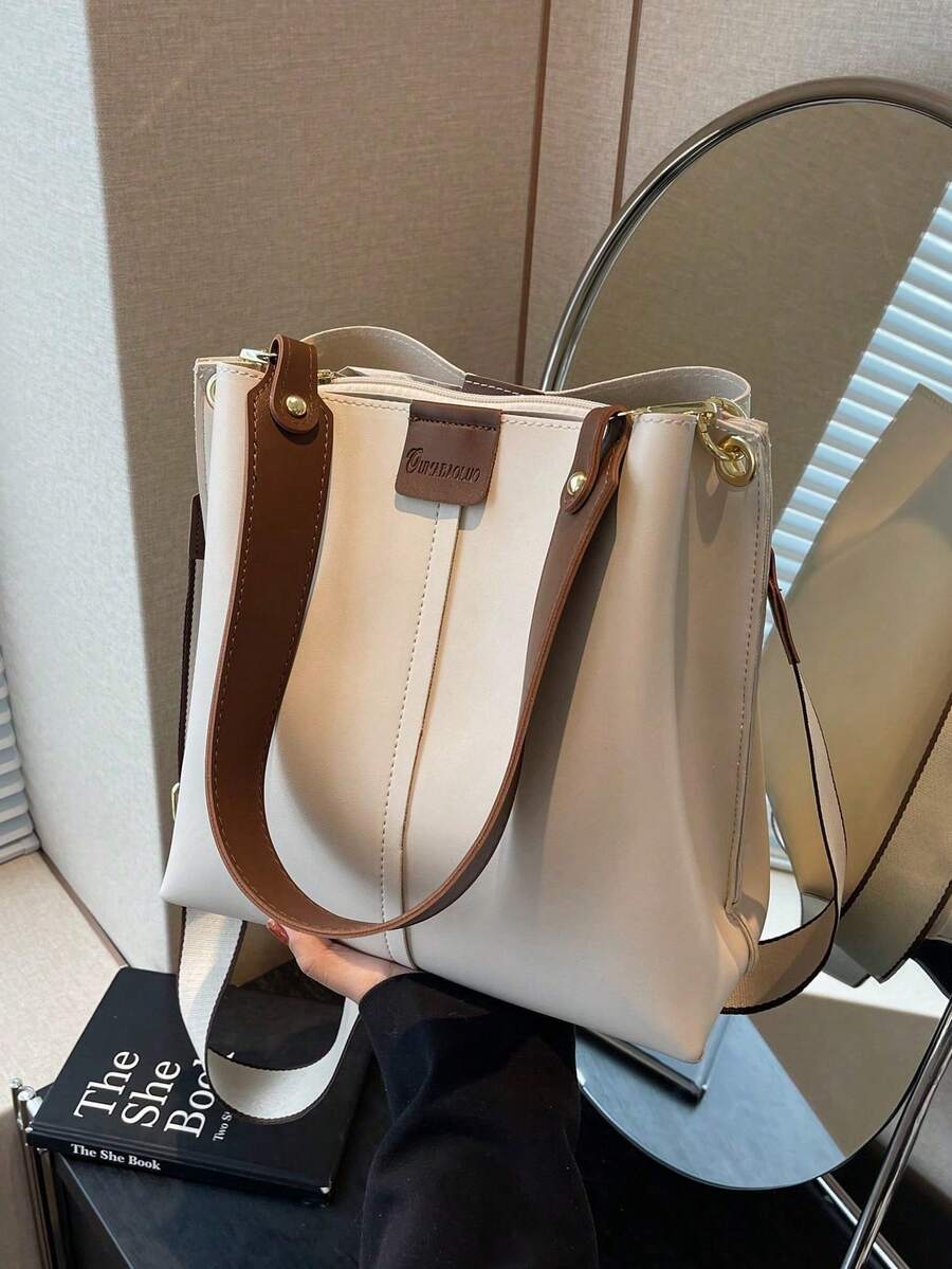 女士大容量托特包，时尚新款纯色高端休闲通勤斜挎单肩包 - 白色 - 查看 1