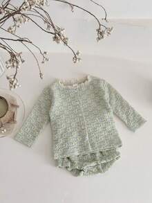 2pcs/Set Baby Girl Casual Hollow Out Long Sleeve Cardigan And Triangle Shorts Set, Summer - Mint Green - View 7