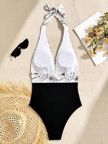 1pc Floral Print Casual Elegant Sexy Backless Tied Knitted Fabric Beach Vacation Travel Sports & Fitness Dress, All Season