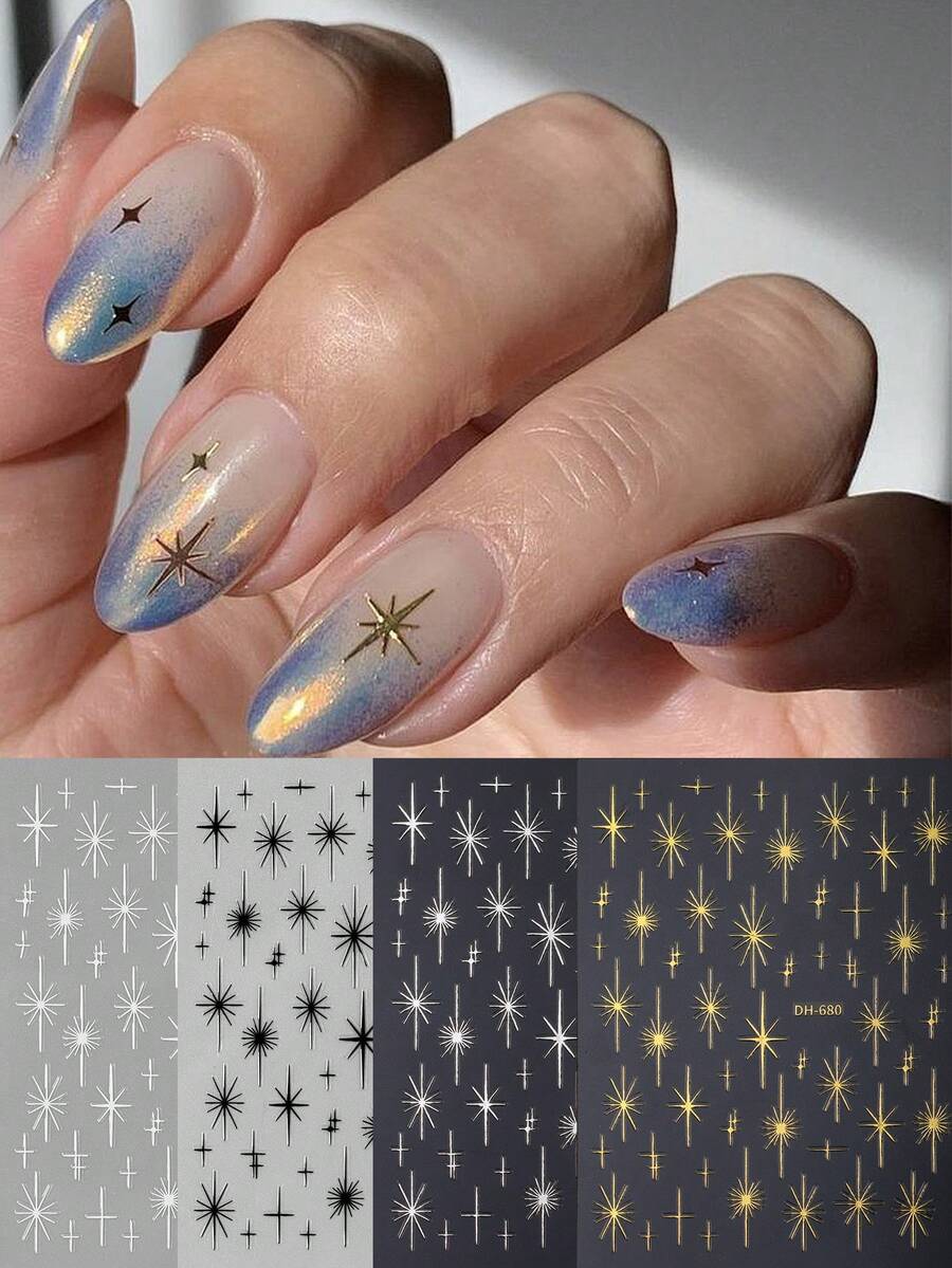 FULL BEAUTY 星星美甲贴纸激光金色星星指甲贴 4/2 件 3D 金属四角星爆指甲贴纸法式美甲配件 Y2K 星星粘性滑块女士美甲装饰 - 彩色 - 查看 1