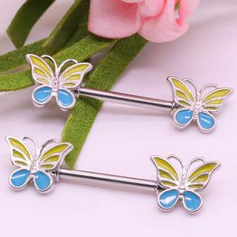 1Pair 14G Nipple Ring 316L Stainless Steel Nipple Barbell Nipple Barbells Colorful Butterfly Nipple Ring Body Piercing Jewelry Suitable For Women's Daily Wear