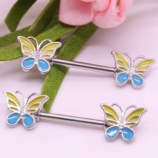 1Pair 14G Nipple Ring 316L Stainless Steel Nipple Barbell Nipple Barbells Colorful Butterfly Nipple Ring Body Piercing Jewelry Suitable For Women's Daily Wear
