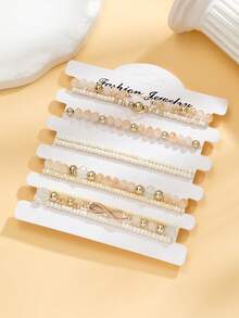 10pcs/Set Bohemian Braided Seed Bead Heart Charm Bracelets, Jewelry Set For Women - Beige - View 4