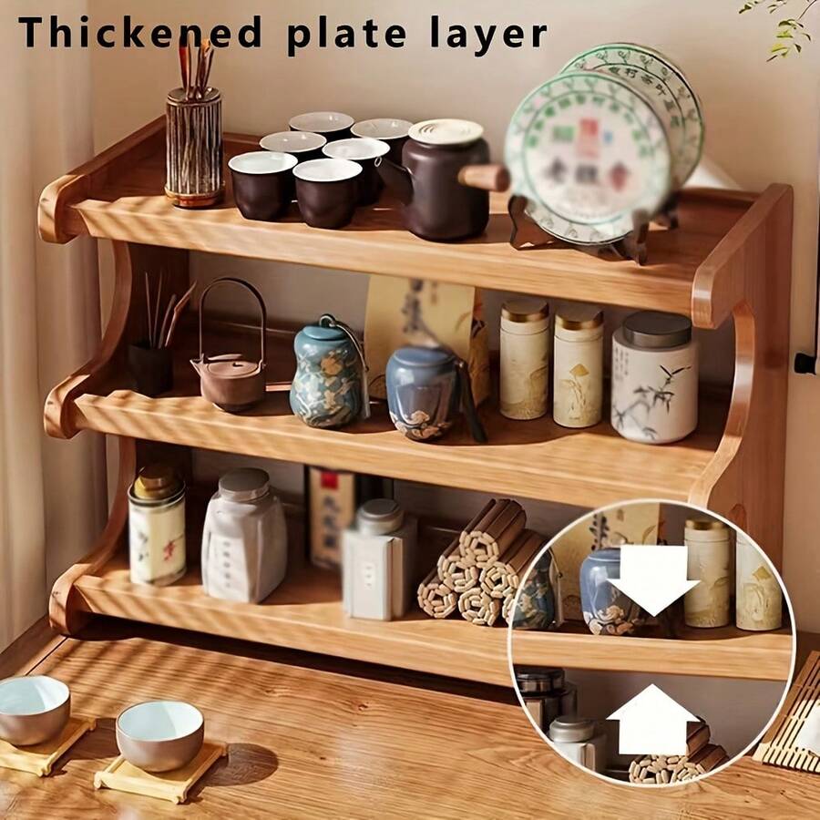 New 3-Tier Wooden Kitchen Storage Rack, Vintage Wooden Multipurpose Organizer Shelf - Space-Saving Design Rack For Displaying Tea Cups, Teapots & Tableware With Countertop Cup Holder - 3 lớp - Xem 1
