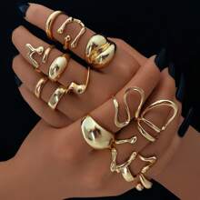 15pcs Metal Material Asymmetrical Shaped Ring Set For Women's Daily Leisure, Gatherings And Travels, Simple And Versatile