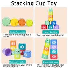 Juego de 9 piezas de vasos apilables educativos para bebé, juguetes de aprendizaje para clasificación, ciencia y cognición educativa, bloques de construcción de partículas grandes, vasos apilables con patrones de letras digitales y diseño de oso de dibujos animados (colores aleatorios)