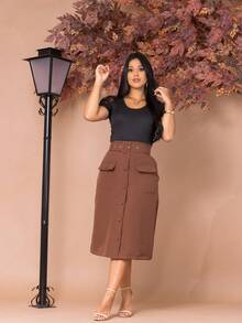 Women's Elegant Tailored Midi Skirt With Belt And Pocket Evangelical Fashion - 鏽棕色 - 查看 1