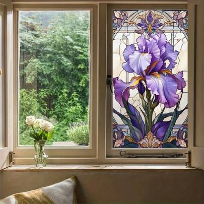 1/3 片花卉图案隐私窗膜，静态窗膜彩色花朵贴纸，花园风格 PVC 隐私防晒，可移除磨砂玻璃贴纸，适用于家居装饰