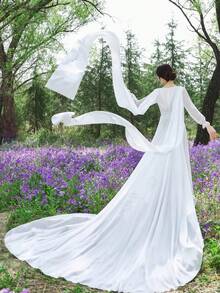 1pc White Women's Chiffon Long Trailing Bohemian Solid Color Casual,Elegant For Party,For Wedding Fall Clothes For Women - Chiffon Ribbon - View 8