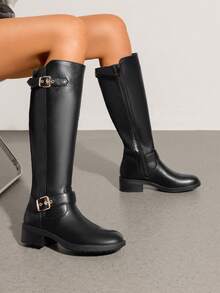Women's Riding Knee High Boots Knit Round Toe Side Zipper  Low Block Heel Motorcycle Boots Fashionable Comfortable Outdoor Biker Buckle Boots